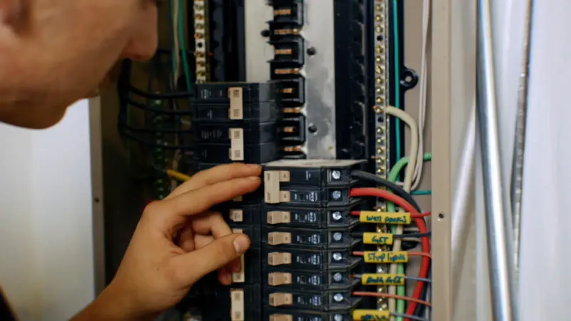 Electrician inspecting a labeled breaker panel in St. George, UT