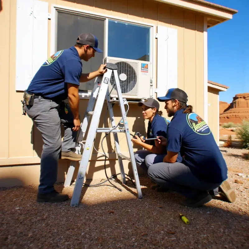 Technicians performing window AC repair at a home in St. George, UT